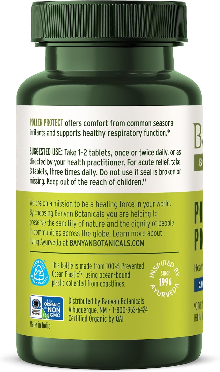 Banyan Botanicals Organic Pollen Protect – 90 Comprimidos – Apoyo Respiratorio Natural
