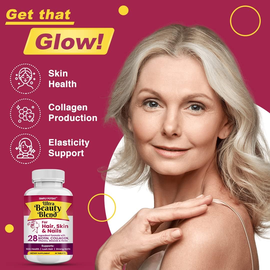 Simply Potent Vitaminas para Piel, Cabello y Uñas - 28 Ingredientes, Biotina 5000mcg, Queratina, MSM, Colágeno, Ácido Hialurónico - 60 Comprimidos