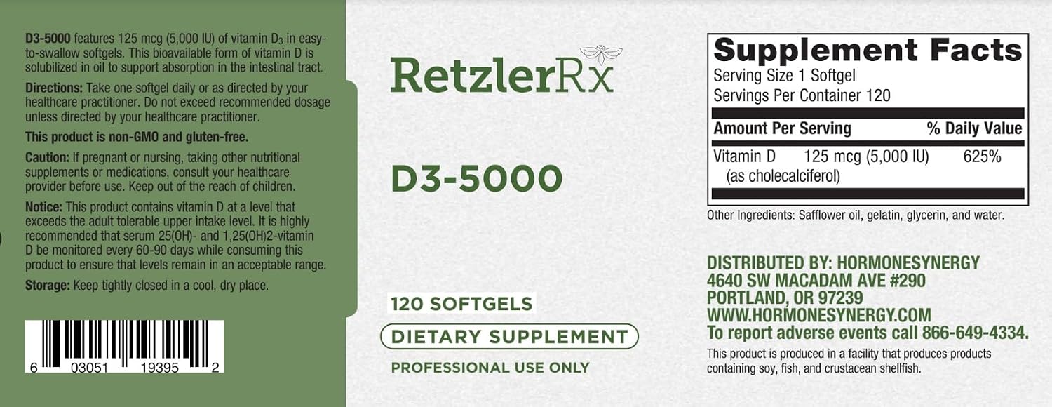 HormoneSynergy D3-5000 - 120 Softgels - Vitamina D3 5000 UI Alta Potencia