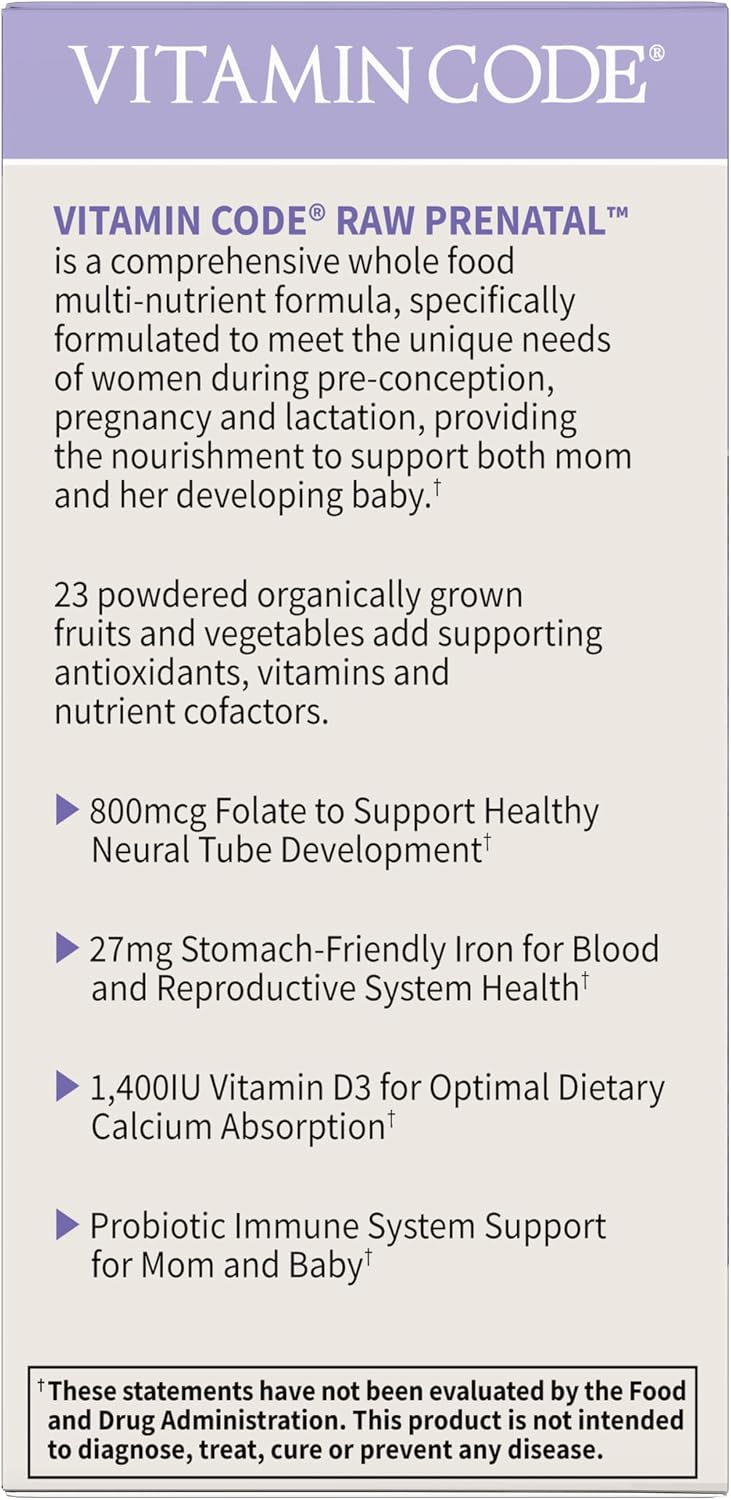 Garden of Life Vitamin Code Raw Multivitamínico Prenatal con Hierro, Ácido Fólico y Probióticos - 90 Cápsulas (30 Días)