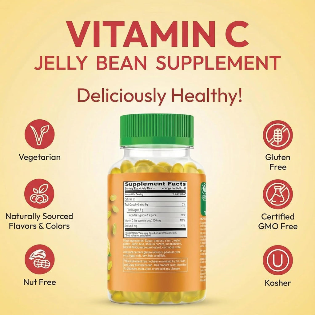 Human Beanz Vitamin C Jelly Bean Gummies | 120 Gomitas de Vitamina C Sabor Citrus Blast | Vegetariano, Kosher