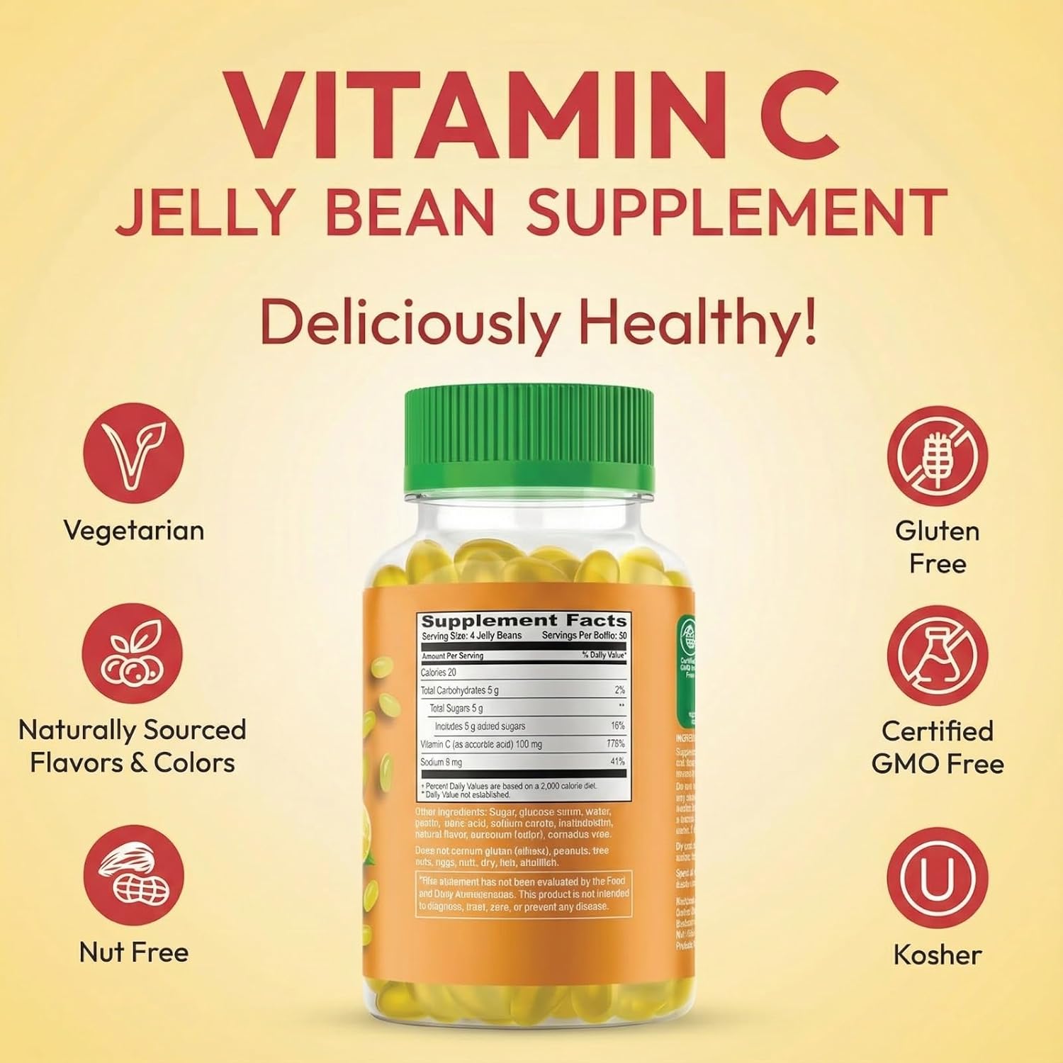 Human Beanz Vitamin C Jelly Bean Gummies | 120 Gomitas de Vitamina C Sabor Citrus Blast | Vegetariano, Kosher