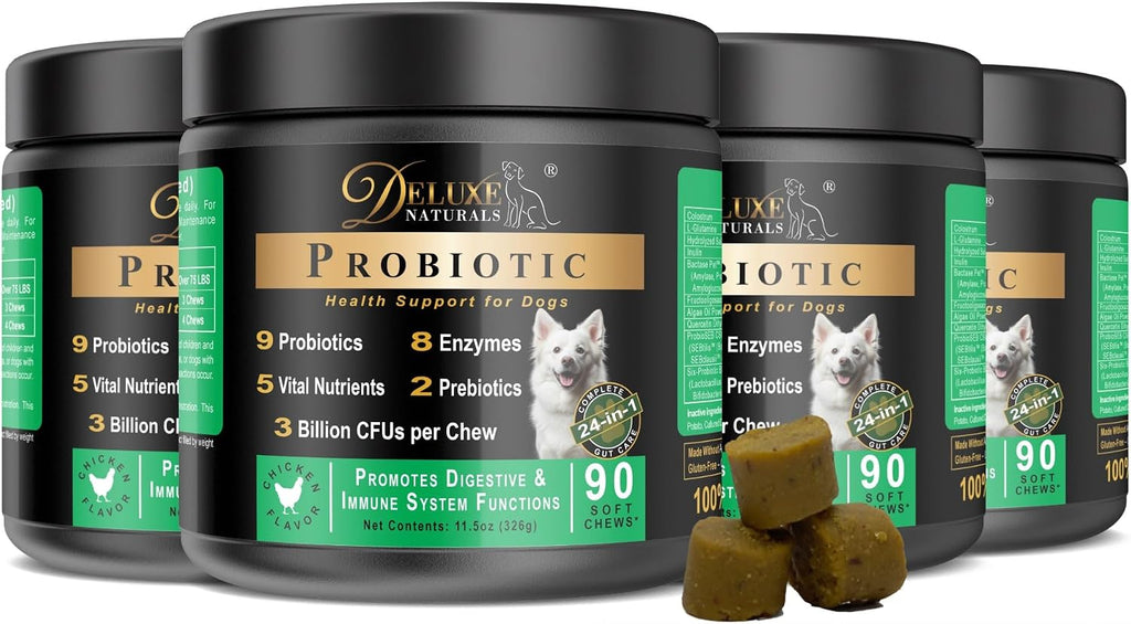 Deluxe Naturals Probiotic Soft Chews for Dogs – 360 masticables (4 x 90ct) – Apoyo Digestivo e Inmunitario con 9 Probióticos, 8 Enzimas, 2 Prebióticos y 5 Nutrientes Esenciales – Sabor a Pollo