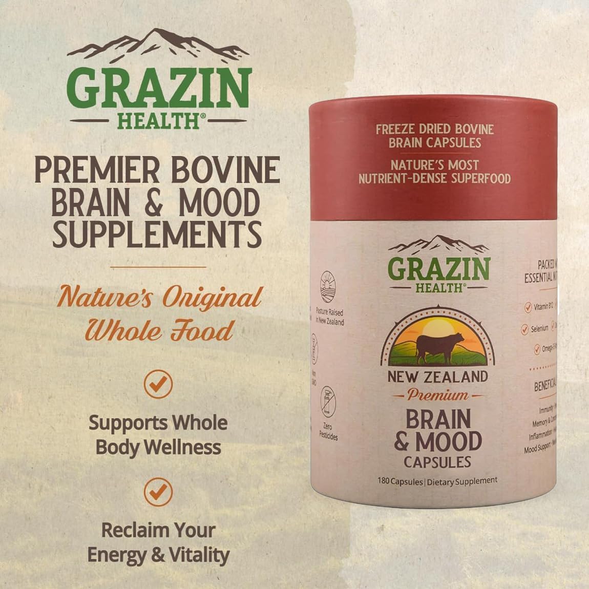 Brain Mood Capsules - Suplemento de Cerebro de Vaca 1750mg, 30 Cápsulas
