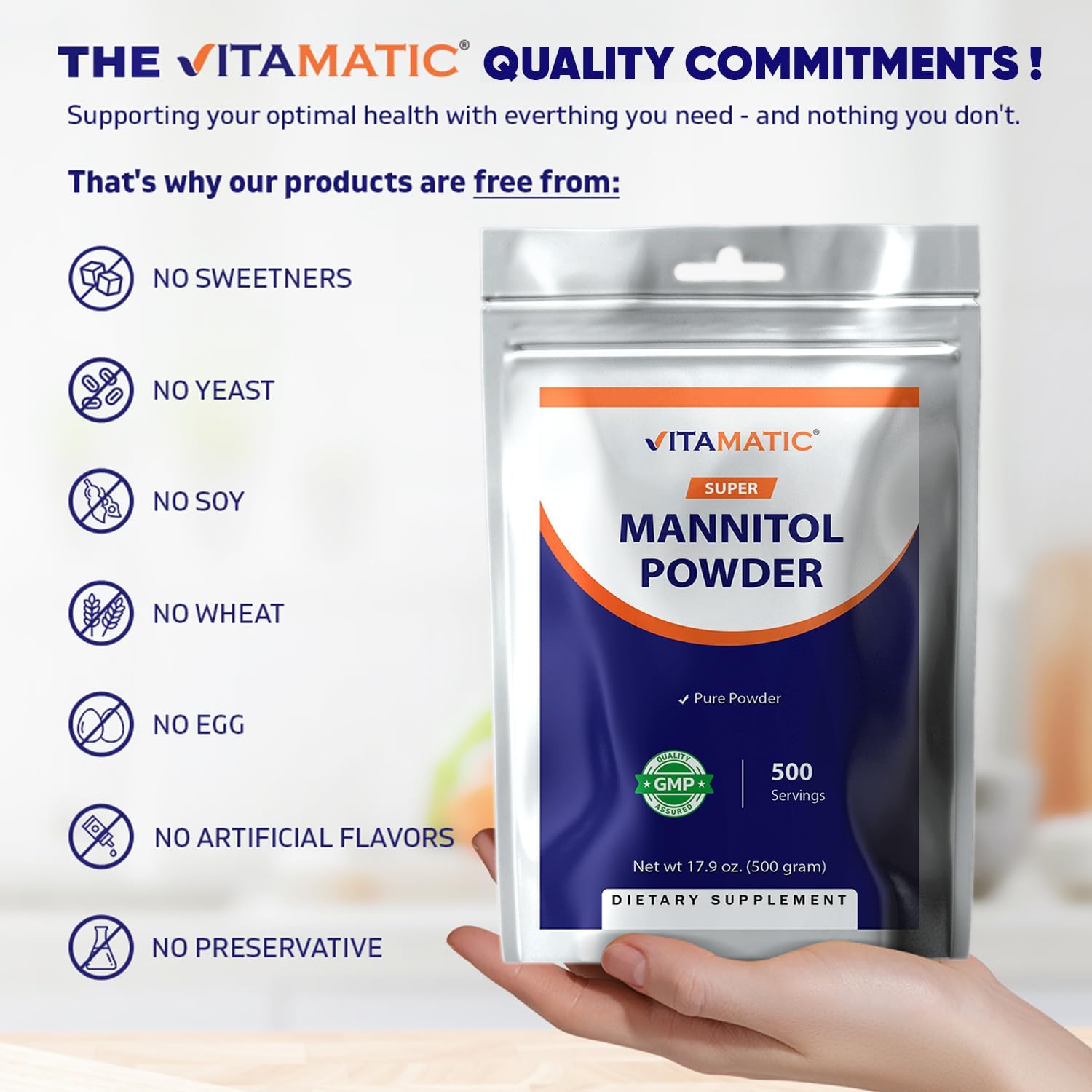 Vitamatic Polvo de Manitol - Edulcorante Natural, Sin Gluten, 1000 mg por Ración, 500 Raciones, 500 g