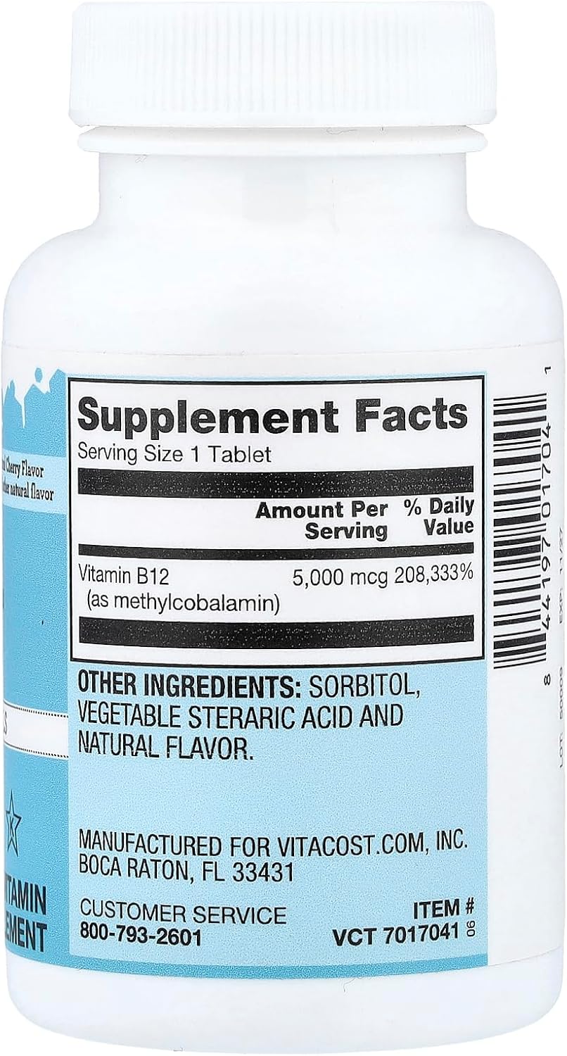 Vitacost Metil B-12 5000 mcg – 60 Comprimidos Masticables Sabor Cereza Natural