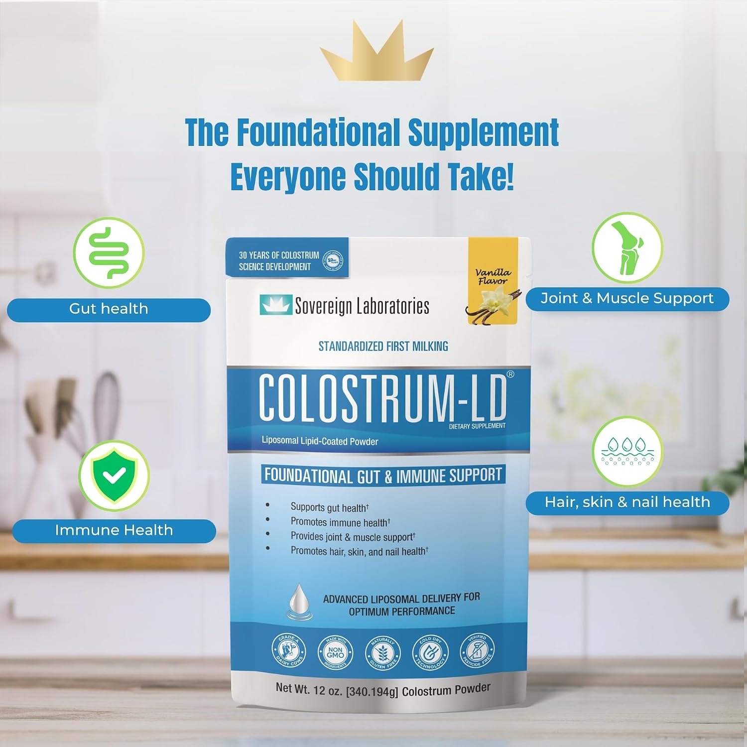 Colostrum-LD con Sistema de Liberación Liposomal - Polvo de Calostro - Sin Gluten, Bajo en Lactosa - 68 Dosis - 340g Vainilla