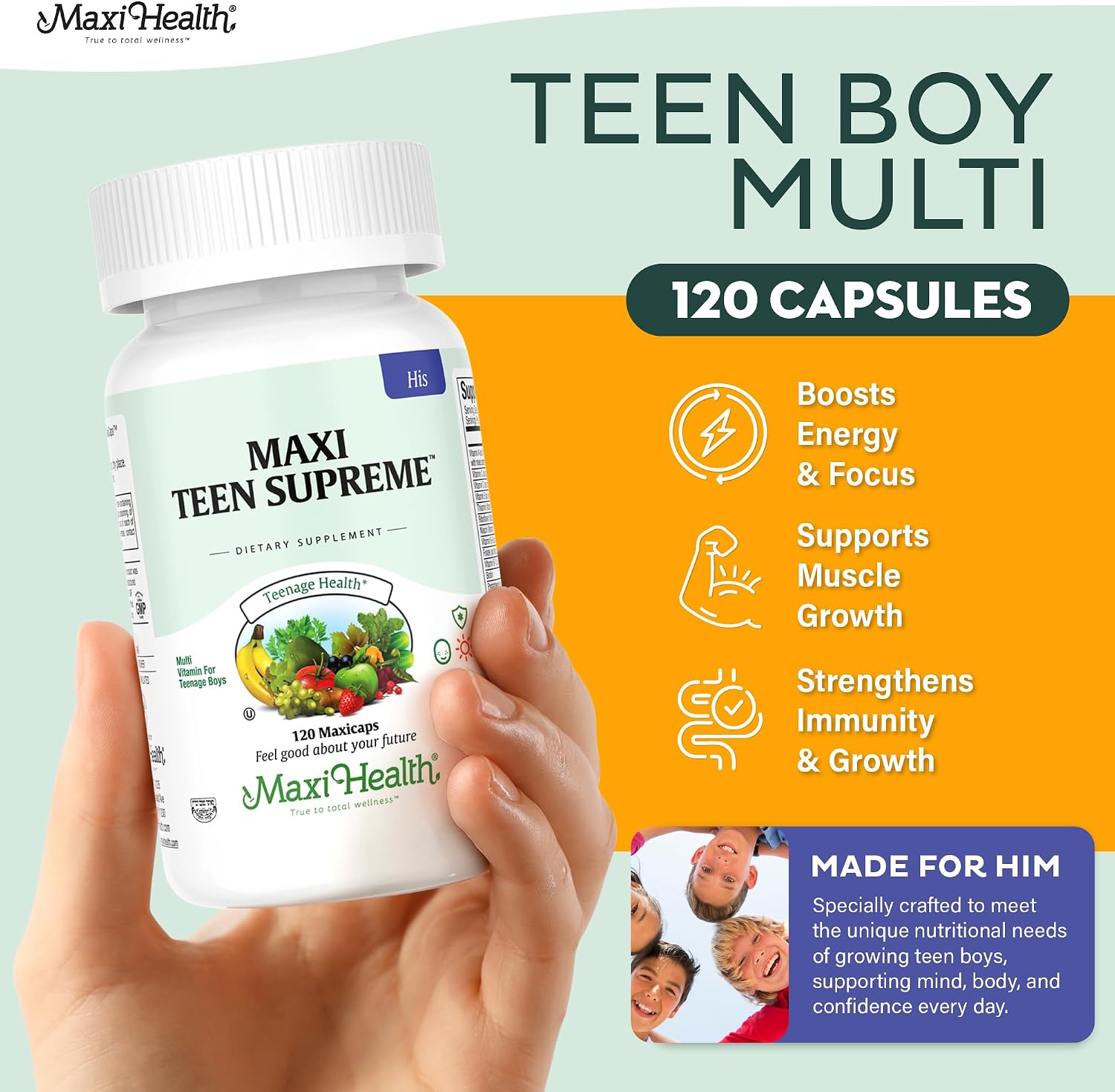 Teen Multivitamin Supreme - Multivitamínico para Chicos 12-17 con D3, Hierro, Calcio, Biotina y Enzimas Digestivas - 120 Comprimidos
