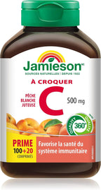 Jamieson Vitamina C Masticable 500 mg - Sabor Melocotón Blanco, 120 Comprimidos
