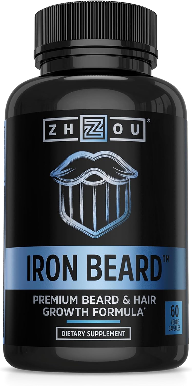 Zhou Iron Beard - Vitaminas para el Crecimiento de Barba con Biotina, Saw Palmetto y Vitaminas B - 60 Cápsulas Veganas