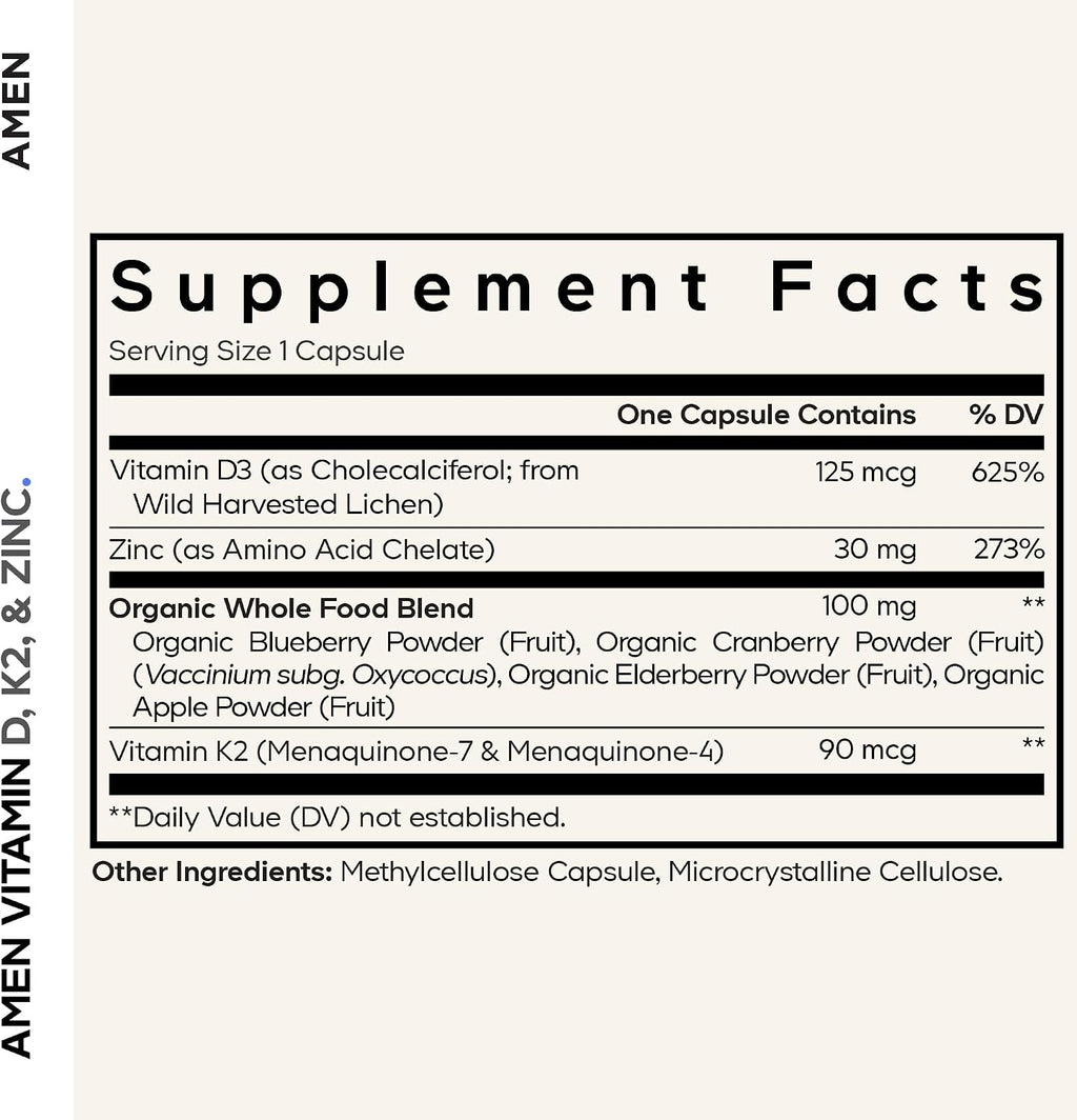 Amen Vitamina D3, K2 y Zinc con Mezcla de Frutas Orgánicas - 5000 UI D3, 90 mcg K2, 30 mg Zinc - Vegano, Non-GMO - 60 Cápsulas