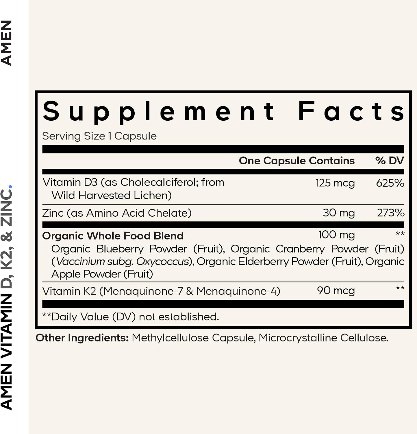 Amen Vitamina D3, K2 y Zinc con Mezcla de Frutas Orgánicas - 5000 UI D3, 90 mcg K2, 30 mg Zinc - Vegano, Non-GMO - 60 Cápsulas