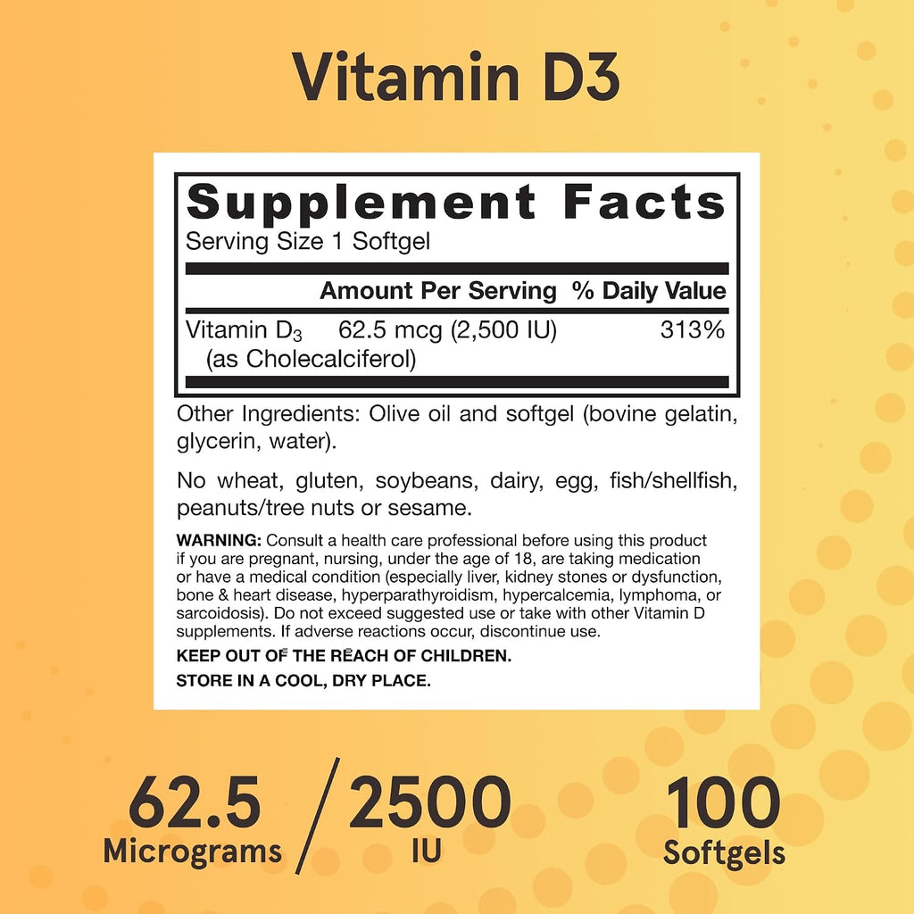 Jarrow Formulas Vitamina D3 62.5 mcg (2,500 UI) - 100 Cápsulas Blandas - Salud Ósea y Apoyo Inmunológico - Sin Gluten