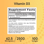Jarrow Formulas Vitamina D3 62.5 mcg (2,500 UI) - 100 Cápsulas Blandas - Salud Ósea y Apoyo Inmunológico - Sin Gluten