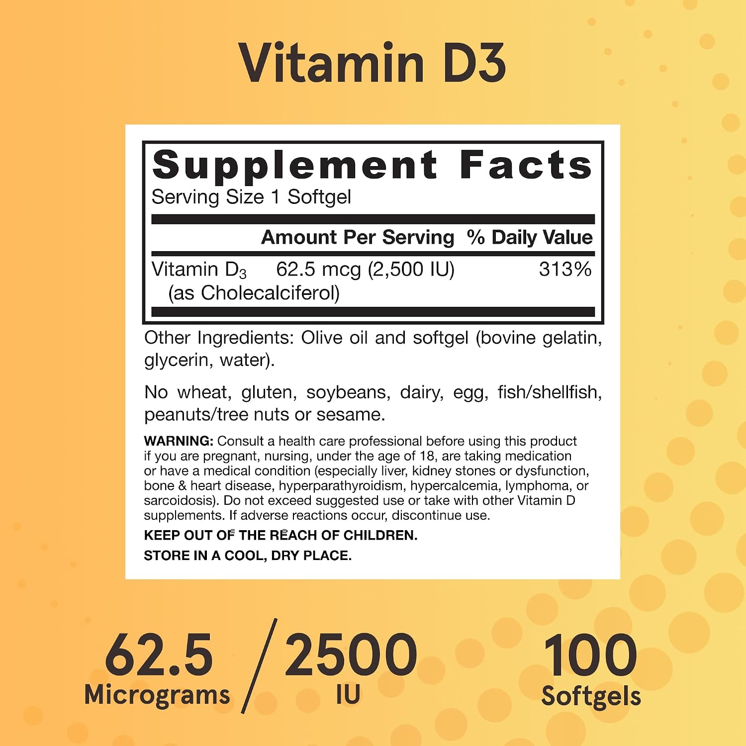 Jarrow Formulas Vitamina D3 62.5 mcg (2,500 UI) - 100 Cápsulas Blandas - Salud Ósea y Apoyo Inmunológico - Sin Gluten