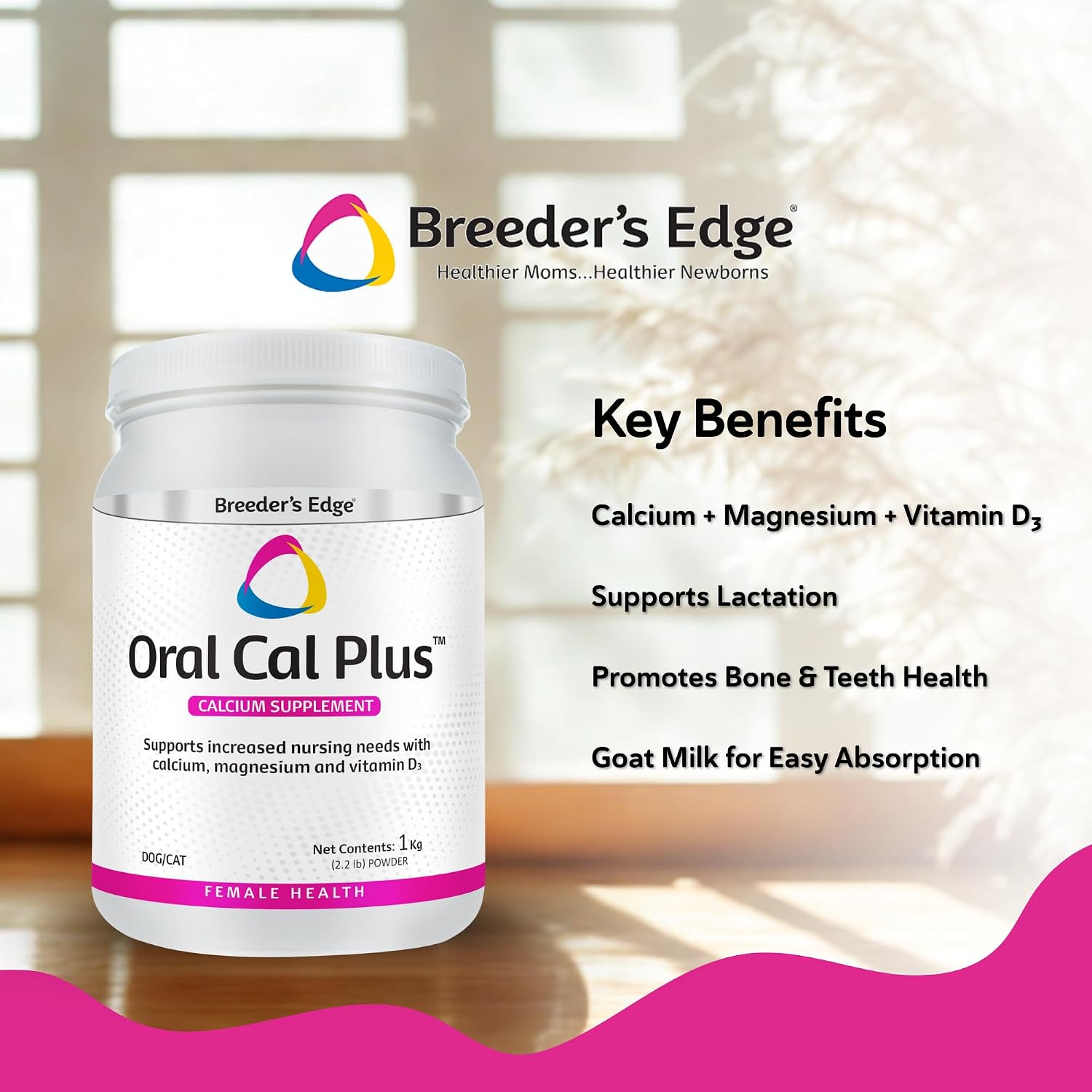 Breeder’s Edge Oral Cal Plus Powder, Calcio y Vitamina D₃ para Perros y Gatos Lactantes, 1 kg
