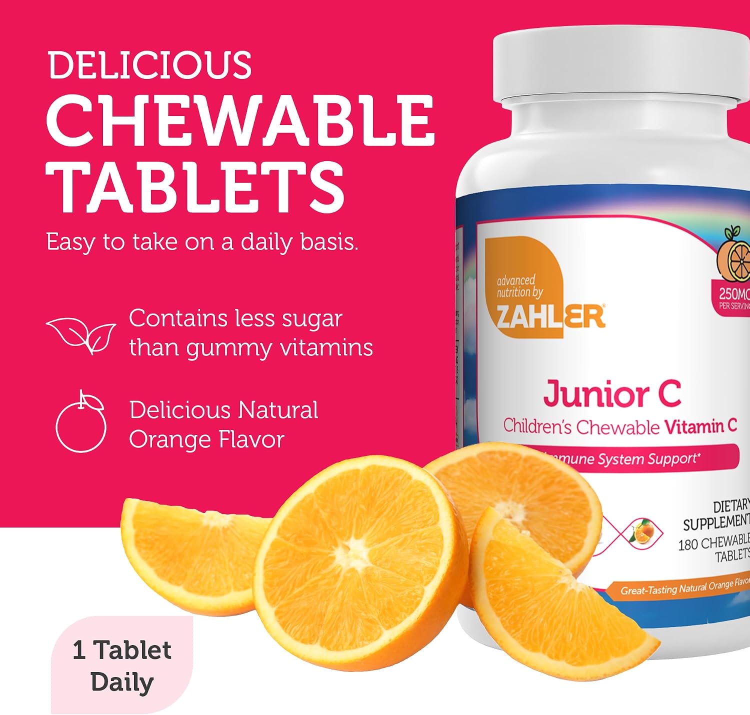 Zahler Junior C Advanced Chewable Vitamin C for Kids - Apoyo Inmunológico en Delicioso Sabor Naranja - Kosher Masticable Antioxidante - (180 Comprimidos)