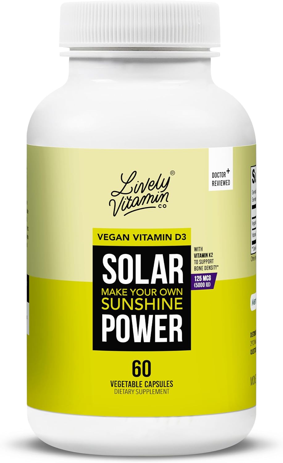 Solar Power Vitamin D3 5000 UI + Vitamina K2 (MK-7) MenaQ7® – 60 Cápsulas – Lively Vitamin Co.