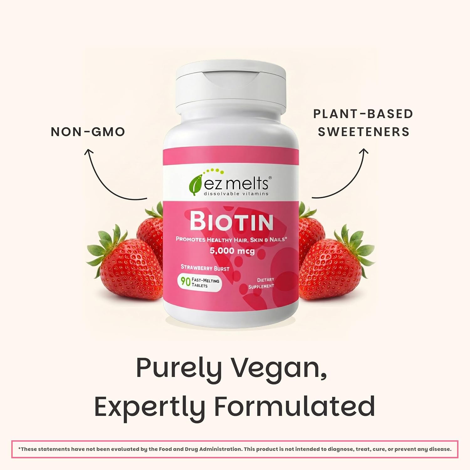 EZ Melts Biotina 5000 mcg - Comprimidos bucodispersables de biotina para cabello, piel y uñas - 90 comprimidos