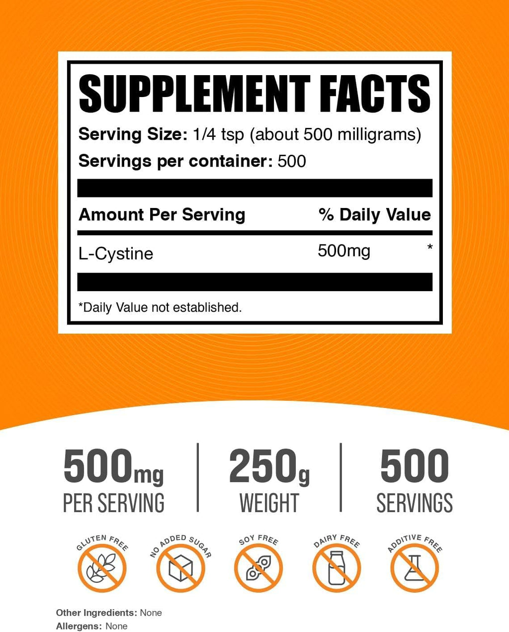 BulkSupplements L-Cystina en Polvo - 500mg por ración, 250g