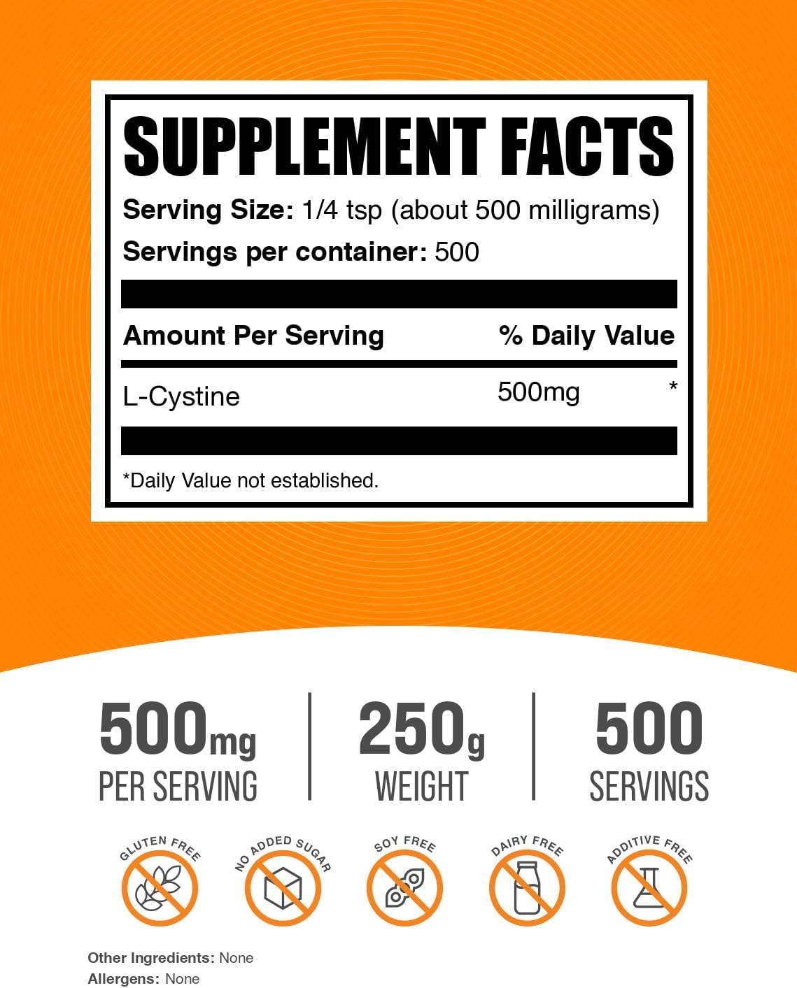 BulkSupplements L-Cystina en Polvo - 500mg por ración, 250g