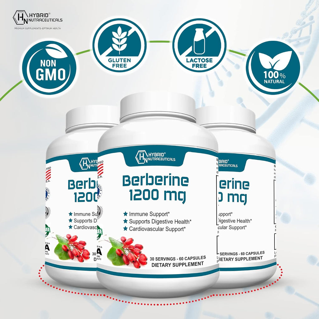 Berberina 1200mg – Fórmula Concentrada de Berberina HCl – 60 Cápsulas – Hybrid Nutraceuticals
