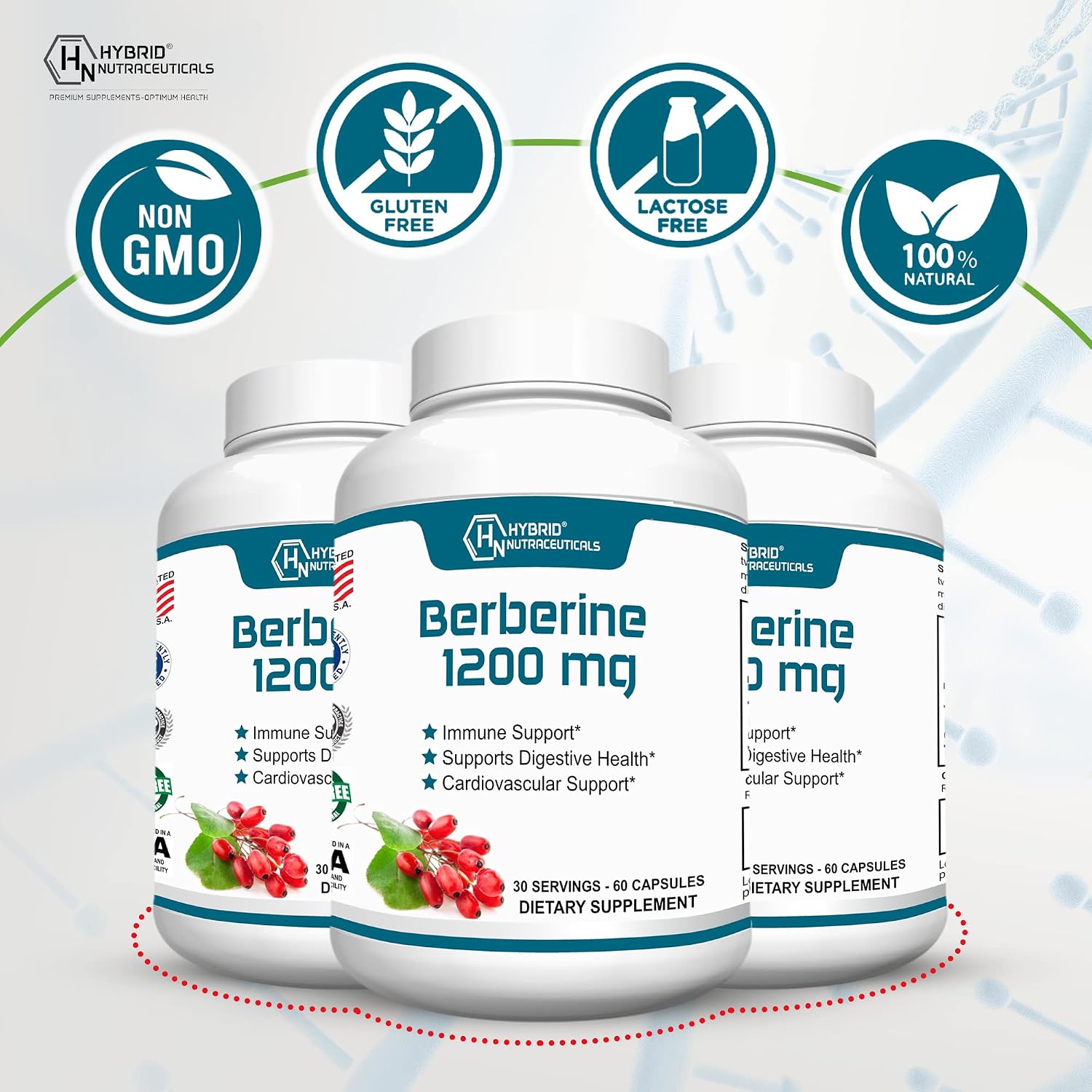 Berberina 1200mg – Fórmula Concentrada de Berberina HCl – 60 Cápsulas – Hybrid Nutraceuticals