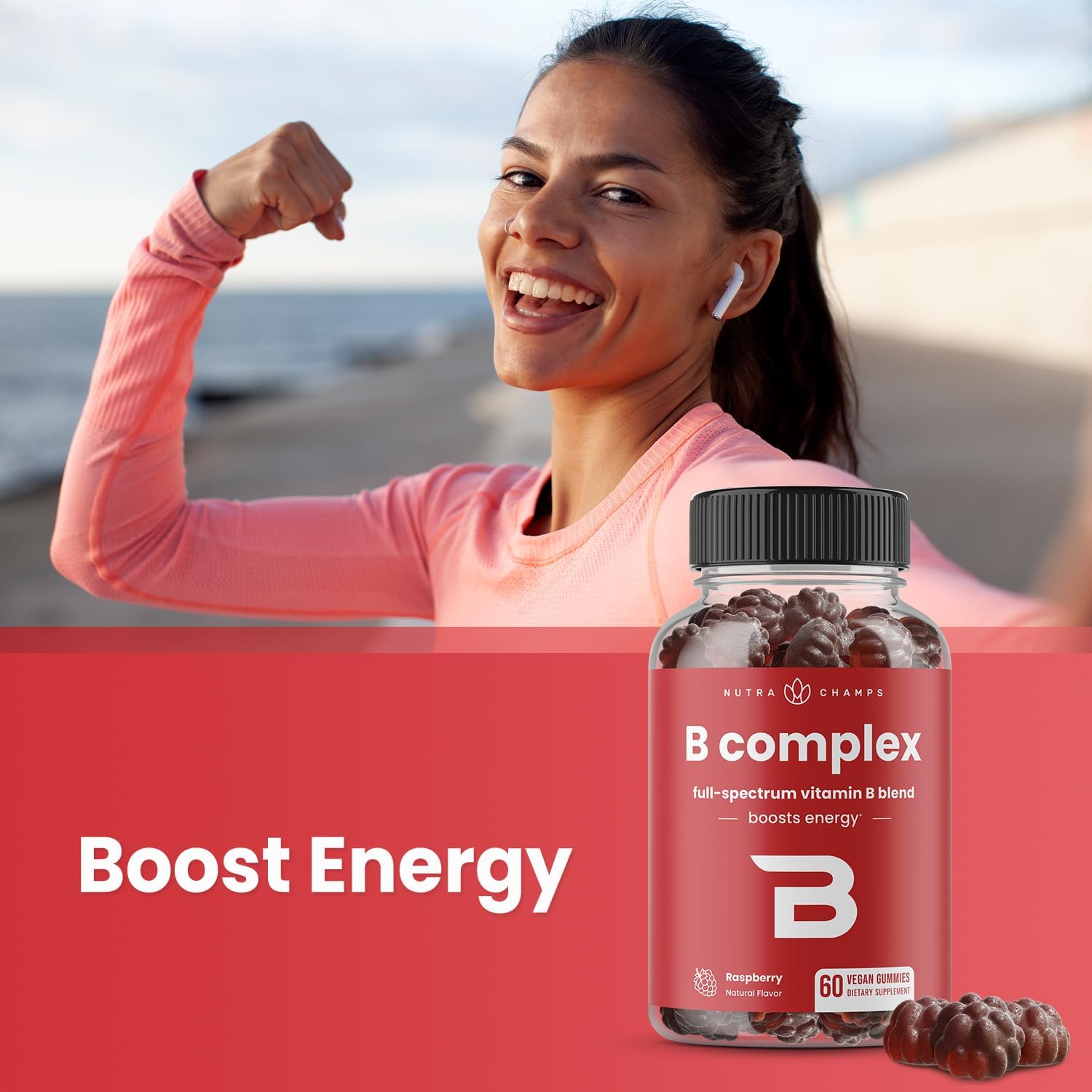NutraChamps Complejo B en Gomitas - Vitaminas B1, B2, B3, B5, B6, B7, B9, B12 (Metilcobalamina) - Sabor Frambuesa - Vegano y Sin Gluten