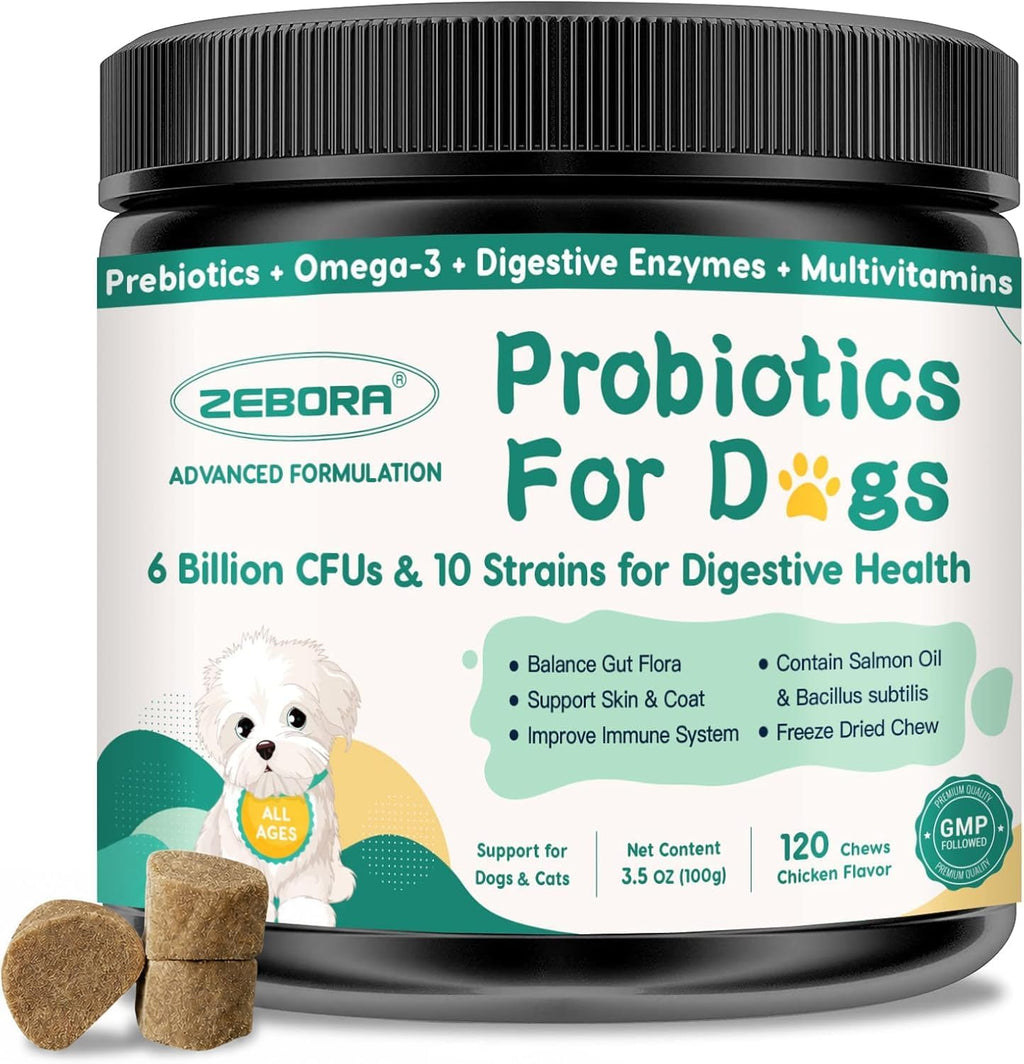 ZEBORA Probióticos para Perros y Gatos - 6 Mil Millones UFC con Enzimas Digestivas y Prebióticos - 120 Masticables