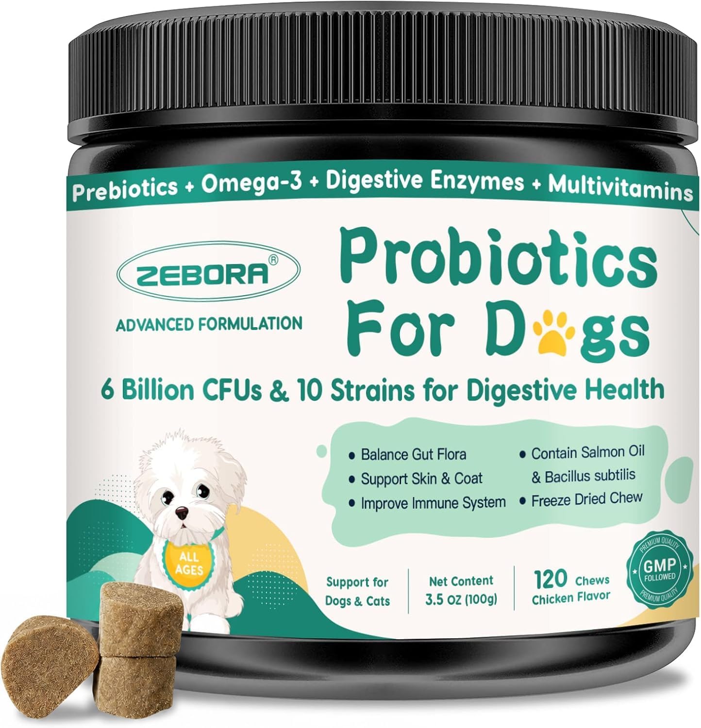 ZEBORA Probióticos para Perros y Gatos - 6 Mil Millones UFC con Enzimas Digestivas y Prebióticos - 120 Masticables