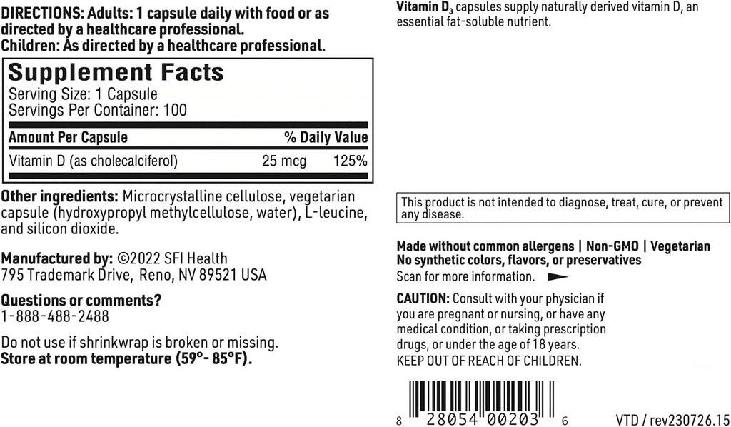 Klaire Labs SFI Health Vitamina D3 1000 UI - 25 mcg, Hipoalergénico, para la Salud Ósea e Inmunitaria (100 Cápsulas)