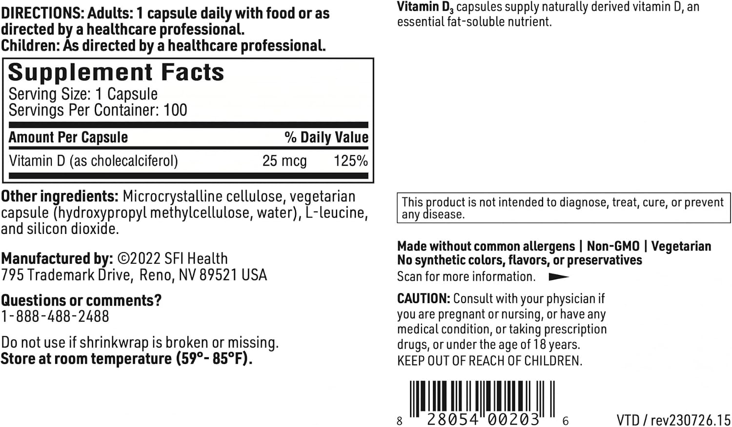 Klaire Labs SFI Health Vitamina D3 1000 UI - 25 mcg, Hipoalergénico, para la Salud Ósea e Inmunitaria (100 Cápsulas)