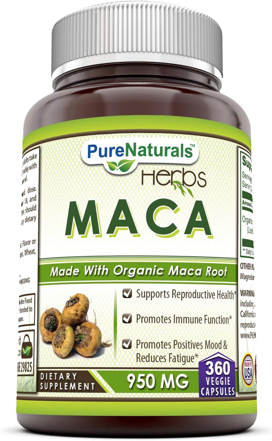 Pure Naturals Maca 950 mg - 360 Cápsulas Vegetales - Complemento Alimenticio No GMO Sin Gluten