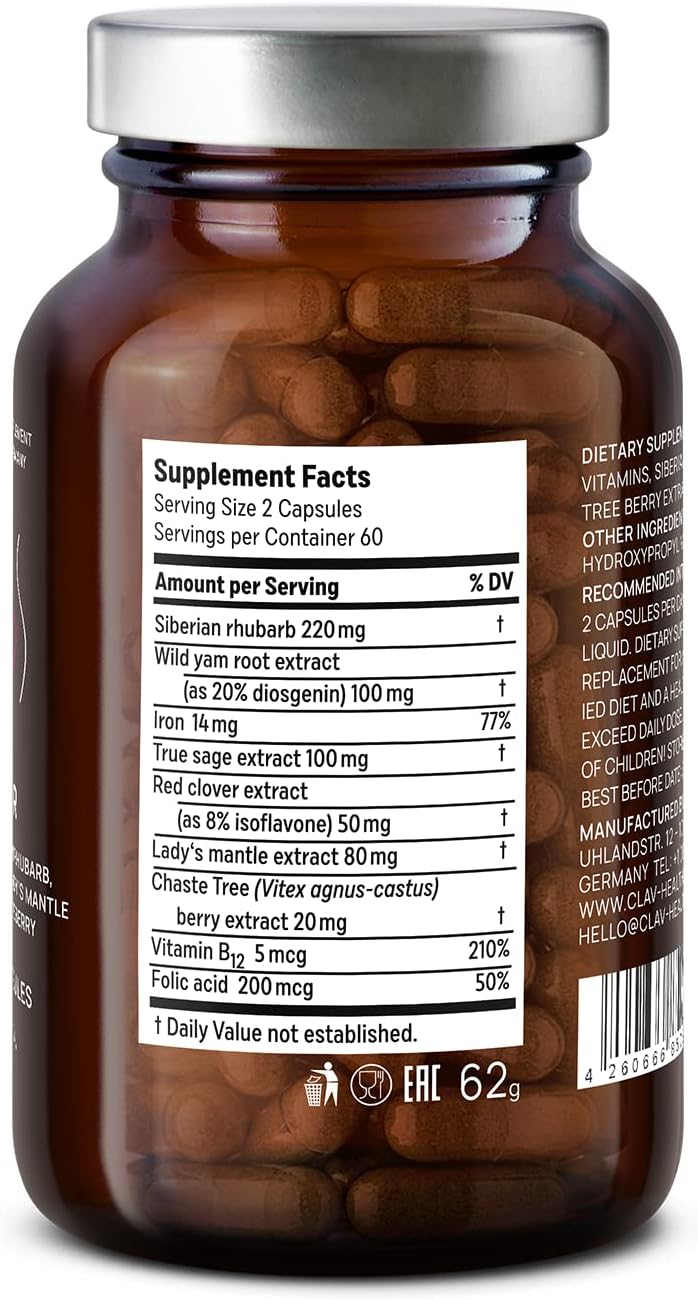 CLAV® Equilibrio Hormonal Natural para Mujeres - Con Ruibarbo Siberiano, Ñame Salvaje y Vitex - Suplemento Vegano para el Ciclo Menstrual - 120 Cápsulas