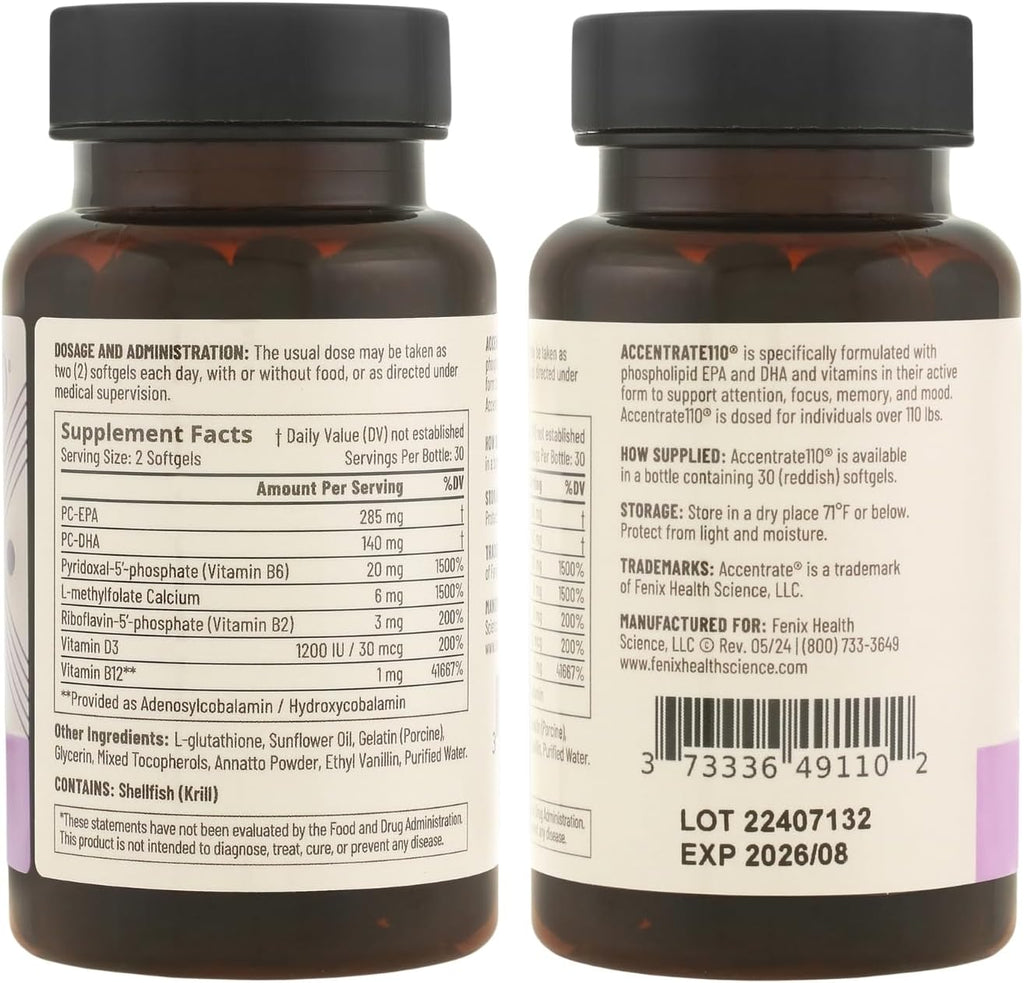 Accentrate110 - Suplemento de Enfoque con Complejo de Vitamina B Metilado y Ácidos Grasos Omega-3