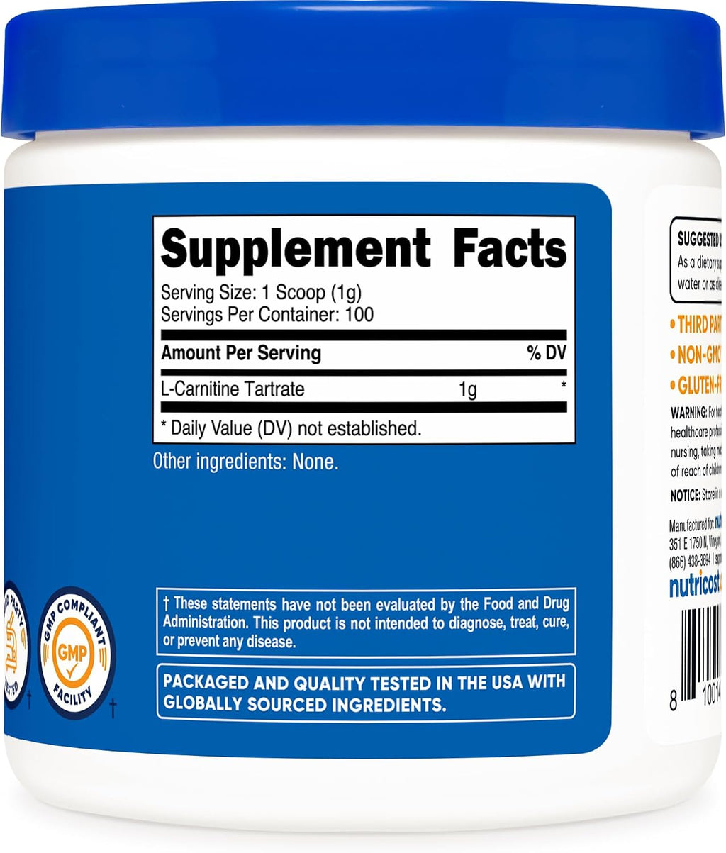 Nutricost L-Carnitine Tartrate Powder (100 Grams) - 1 Gram Per Serving; 100 Servings