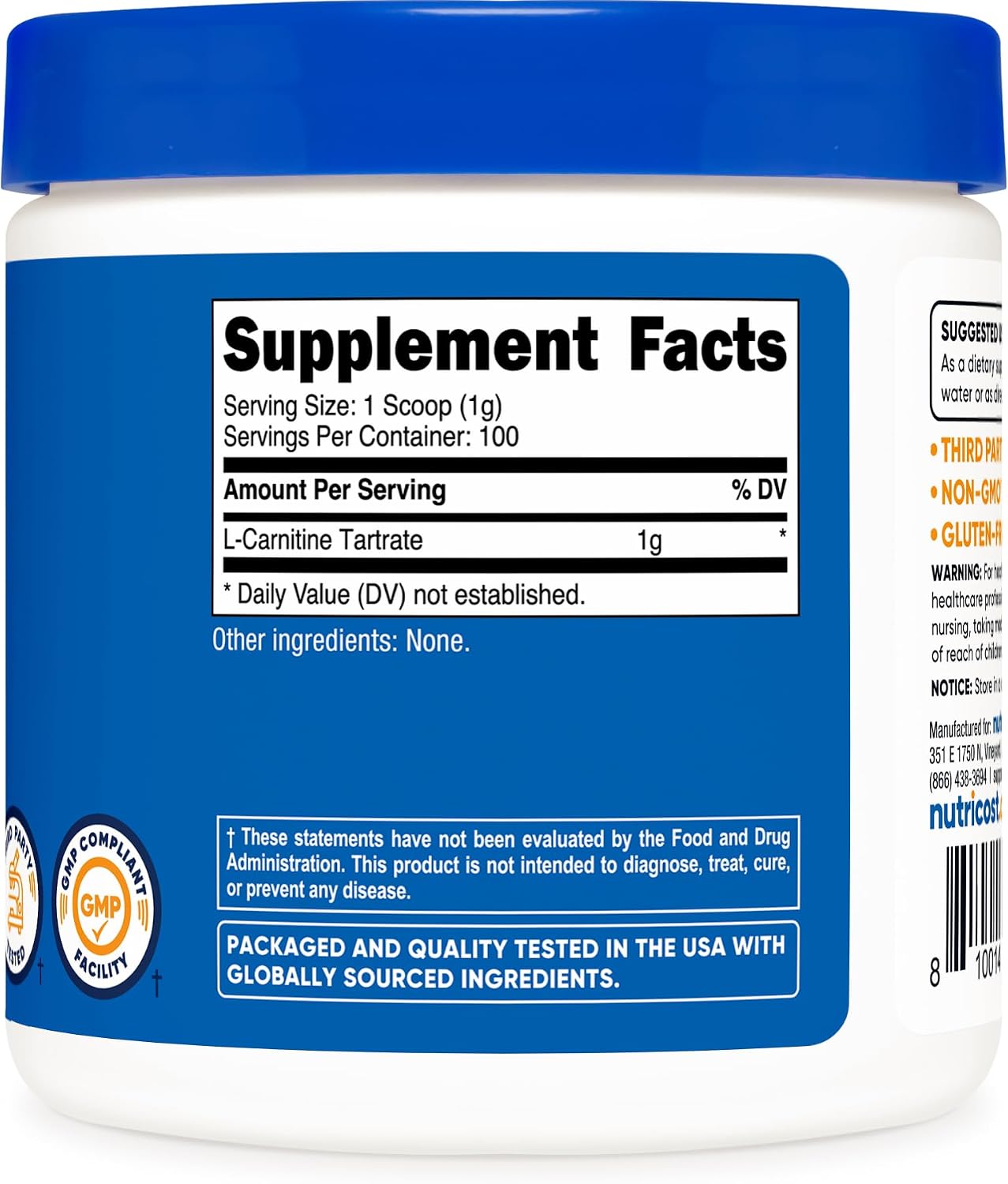 Nutricost L-Carnitine Tartrate Powder (100 Grams) - 1 Gram Per Serving; 100 Servings