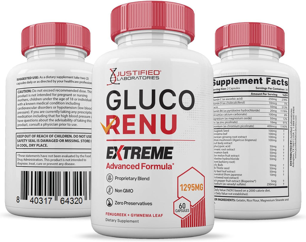 Gluco Renu Extreme 1295 mg – Complemento de apoyo glucémico con cúrcuma, berberina, resveratrol, ajo, melón amargo y cardo mariano – 60 cápsulas
