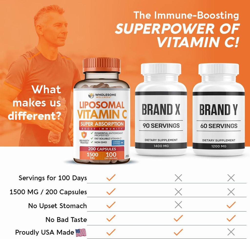 Wholesome Wellness Cápsulas de Vitamina C Liposomal (200 cápsulas, 1500 mg por dosis) Alta Absorción, Sin OGM, Vegano