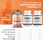 Wholesome Wellness Cápsulas de Vitamina C Liposomal (200 cápsulas, 1500 mg por dosis) Alta Absorción, Sin OGM, Vegano