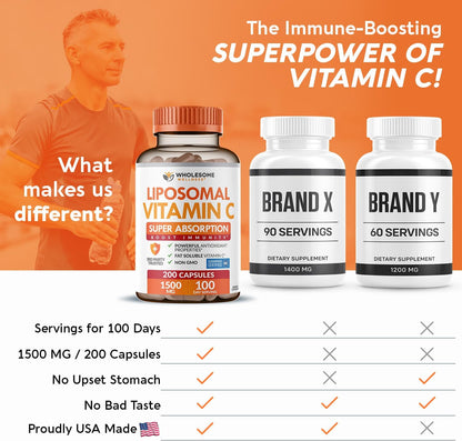 Wholesome Wellness Cápsulas de Vitamina C Liposomal (200 cápsulas, 1500 mg por dosis) Alta Absorción, Sin OGM, Vegano – Image 7