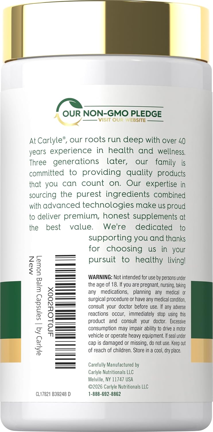 Carlyle Cápsulas de Melisa (Lemon Balm) | 200 Unidades | Extracto Concentrado de Hoja de Melissa | Fórmula No GMO y Sin Gluten