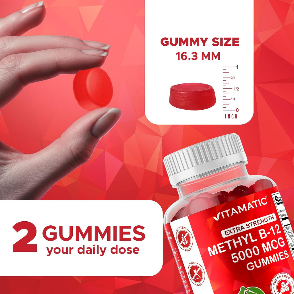 Vitamatic Vitamina B12 5000 mcg (Metilcobalamina) Gominolas - 120 unidades - Apoyo al Metabolismo Energético y Salud del Sistema Nervioso, Sabor Natural a Cereza