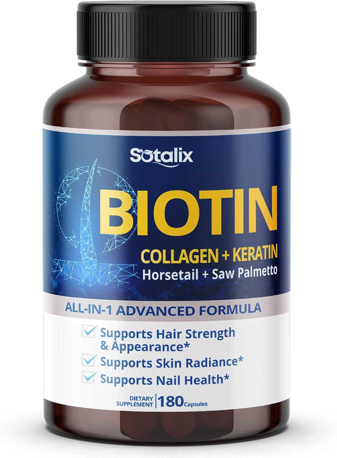Biotina con Colágeno, Keratina, Cola de Caballo y Saw Palmetto - Cabello, Piel y Uñas Saludables (180 días, 1 envase)