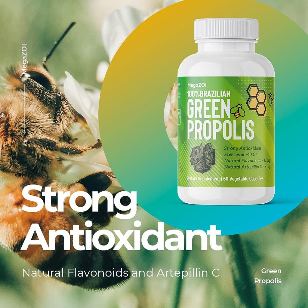 MegaZOI 100% Propóleo Verde Brasileño Enriquecido 250mg, Apoyo Inmunitario, 60 Cápsulas Vegetales