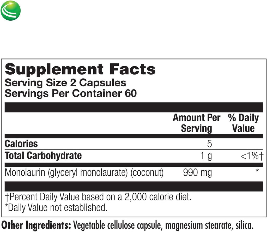 Nutra BioGenesis Monolaurin - Cápsulas de Monolaurina, 1000 mg por Dosis, 120 Cápsulas Veganas