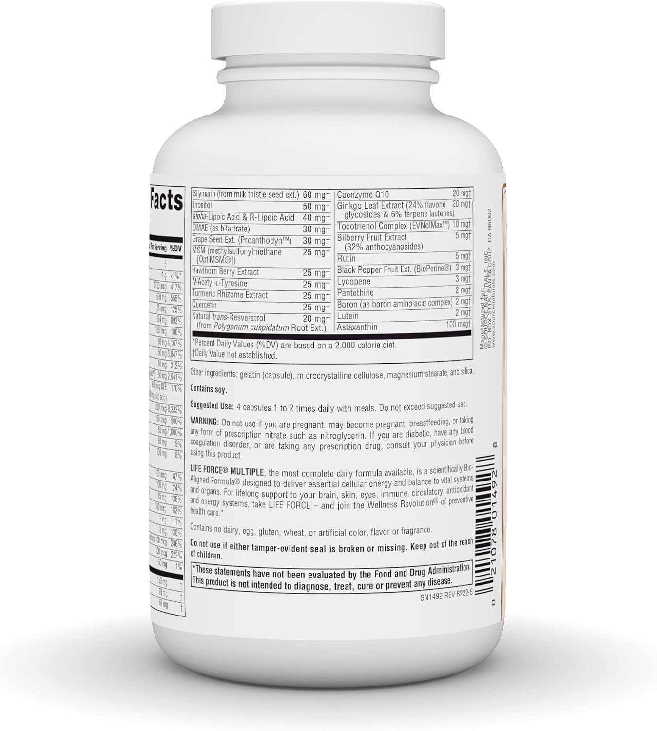 Life Force Multiple Sin Hierro - Multivitamínico de Alta Potencia con Vitaminas, Minerales y Antioxidantes - 180 Cápsulas