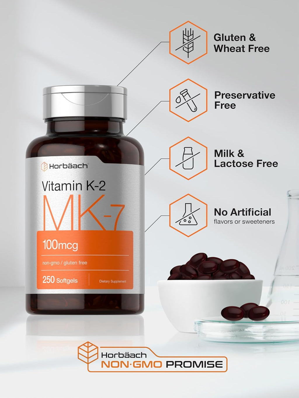 Horbäach Vitamina K2 MK7 100 mcg | 250 Cápsulas Blandas | Suplemento No-GMO Sin Gluten