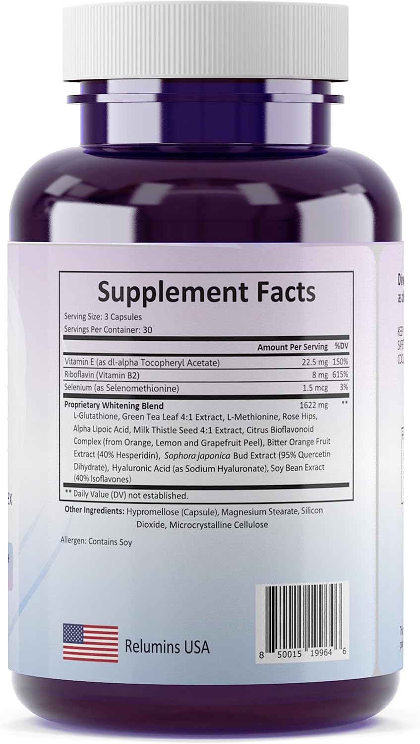 Relumins Complejo de L-Glutión 1650mg con Ácido Hialurónico, Alfa Lipoico, Escaramujo, Vitamina E y Riboflavina - 90 Cápsulas