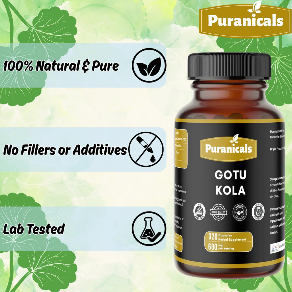 Gotu Kola Premium 320 Cápsulas No OGM y Sin Gluten | Suplemento Herbario | 600 mg Por Ración | Hecho con Polvo de Gotu Kola 100% Puro